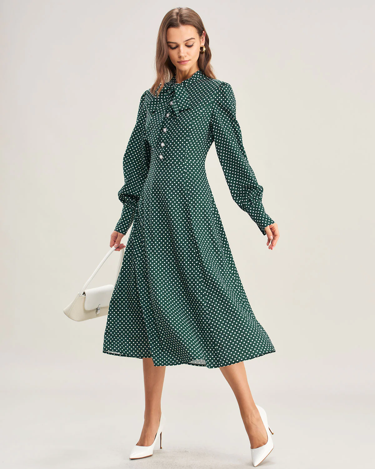 Green Polka Dot Tie Neck Midi Dress - Image 3