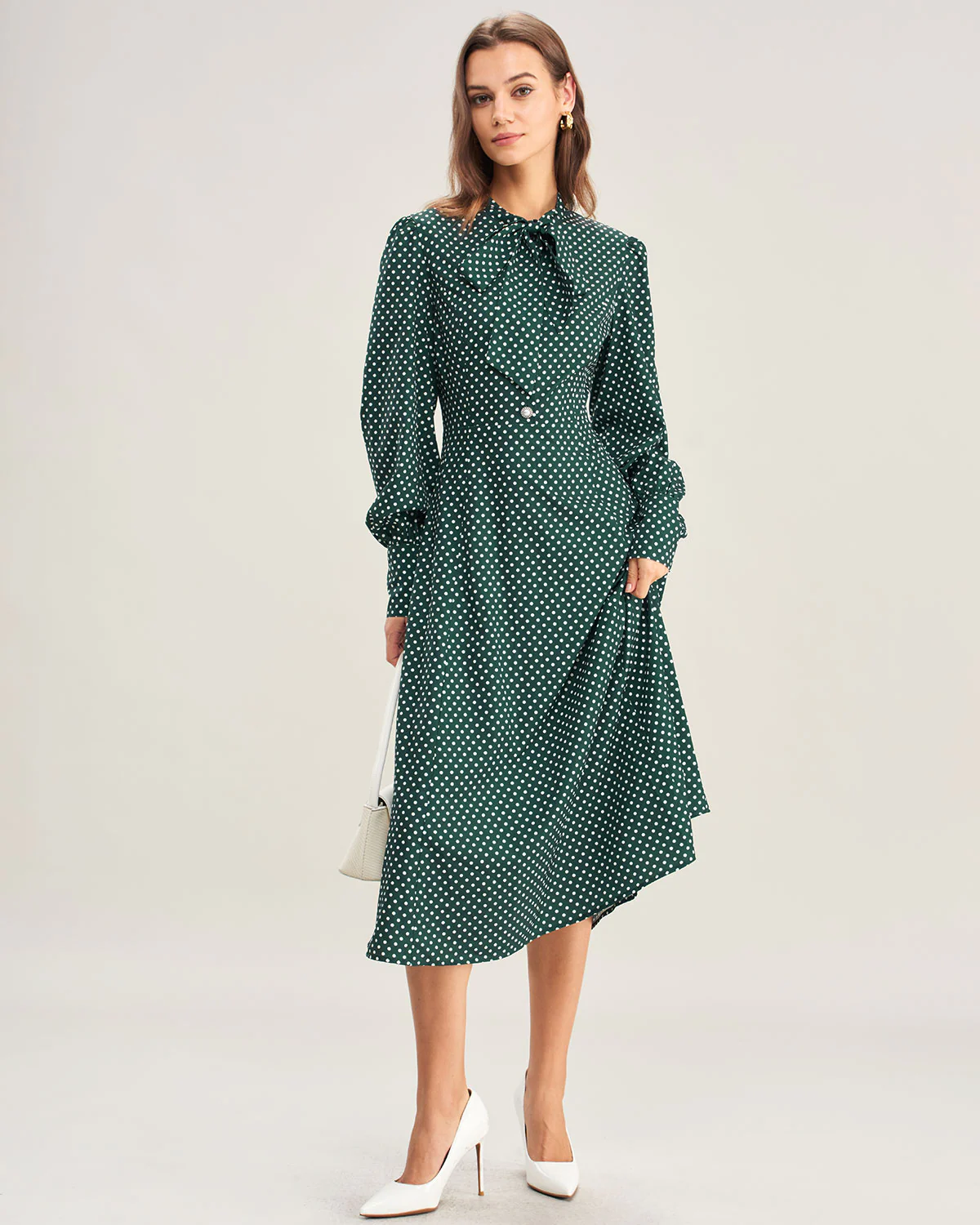Green Polka Dot Tie Neck Midi Dress - Image 4