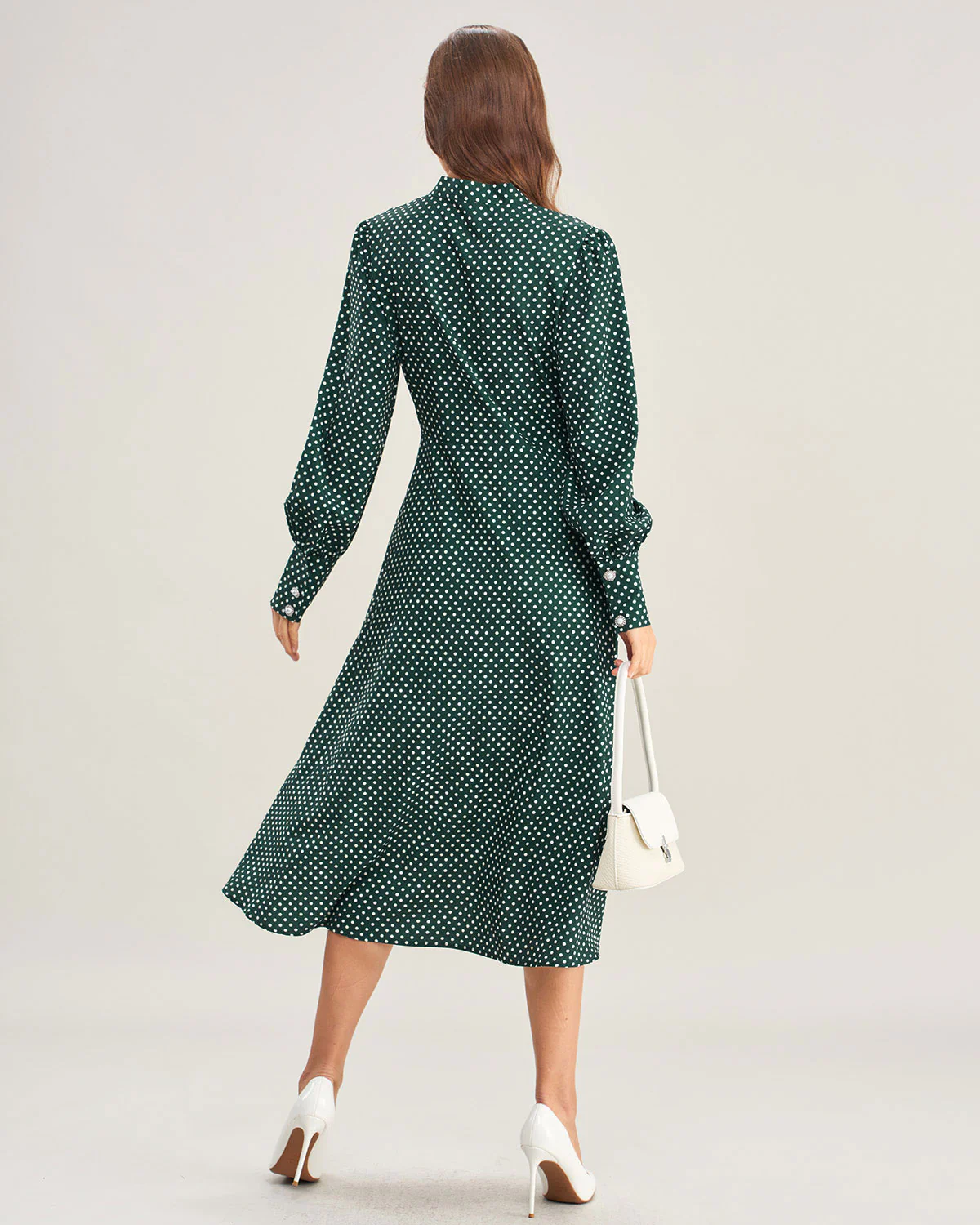 Green Polka Dot Tie Neck Midi Dress - Image 5