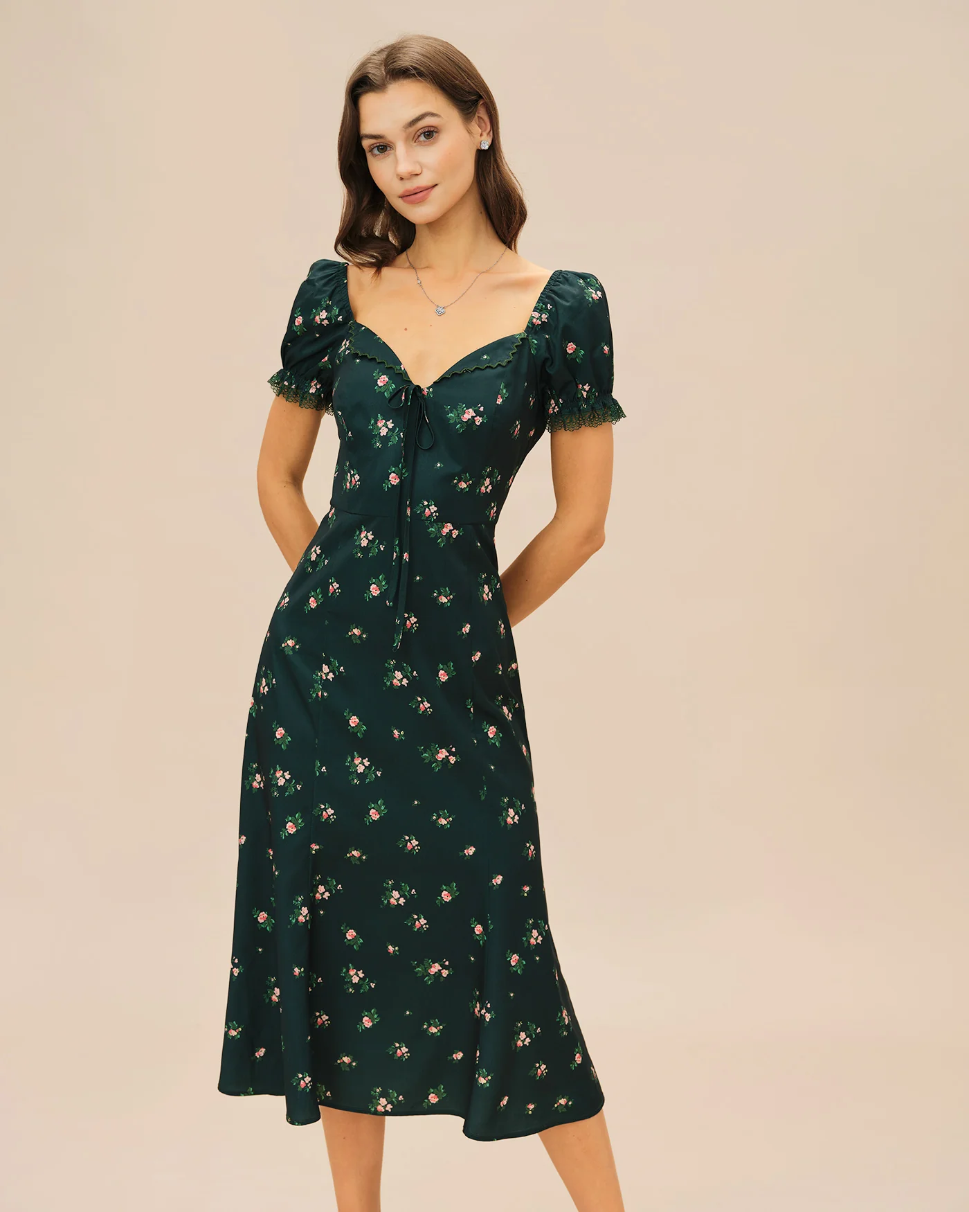 Green Puffed Sleeve Floral Midi Dress - Image 2