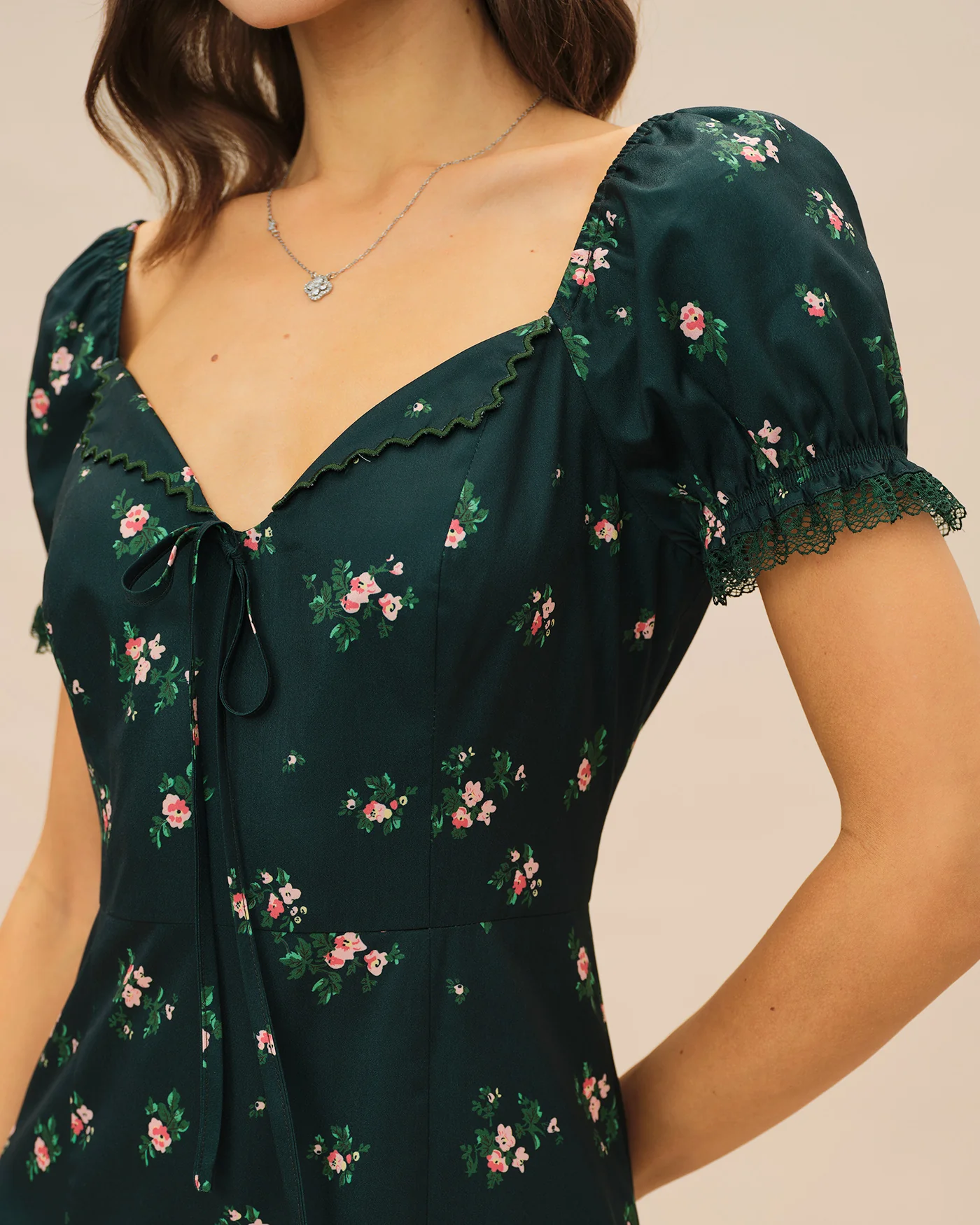 Green Puffed Sleeve Floral Midi Dress - Image 3