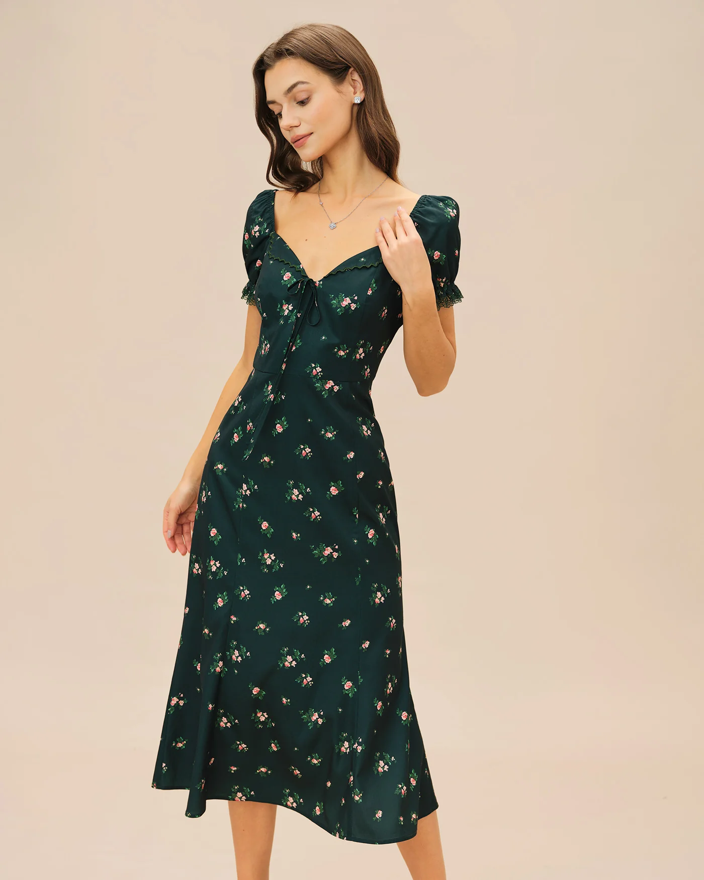Green Puffed Sleeve Floral Midi Dress - Image 4
