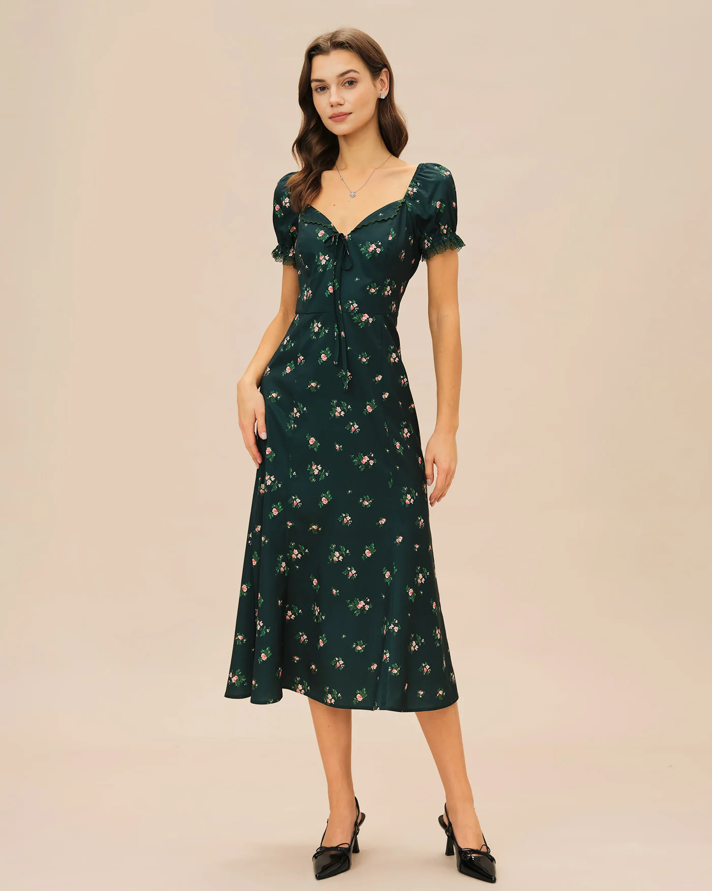 Green Puffed Sleeve Floral Midi Dress - Image 5