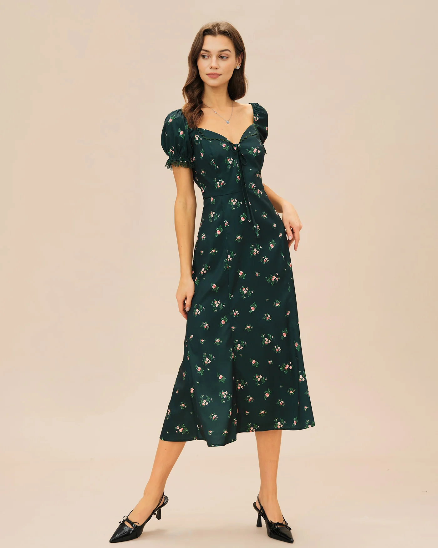 Green Puffed Sleeve Floral Midi Dress - Image 6