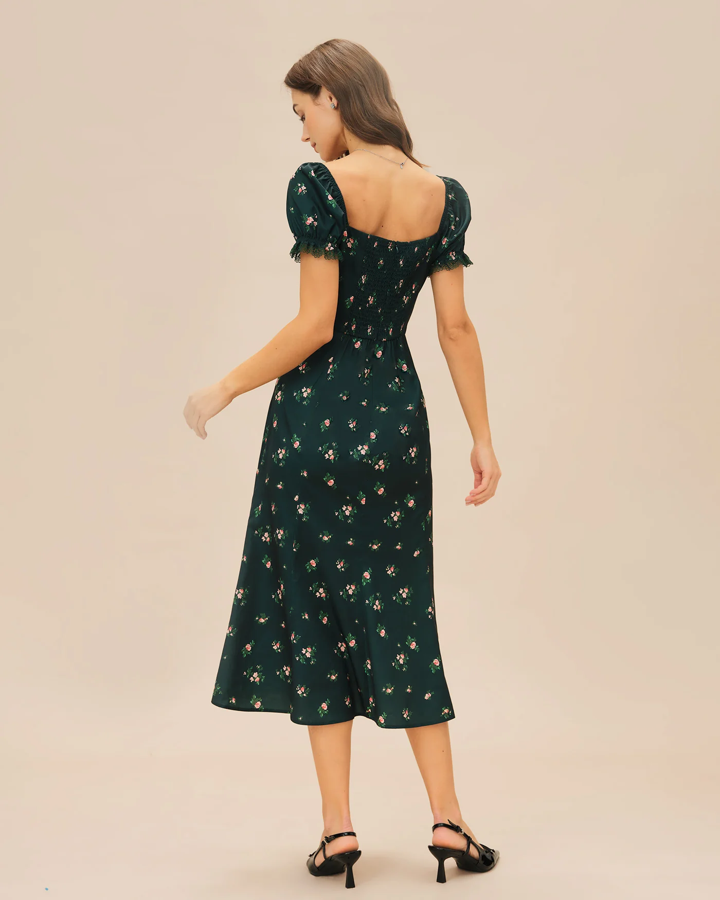 Green Puffed Sleeve Floral Midi Dress - Image 7