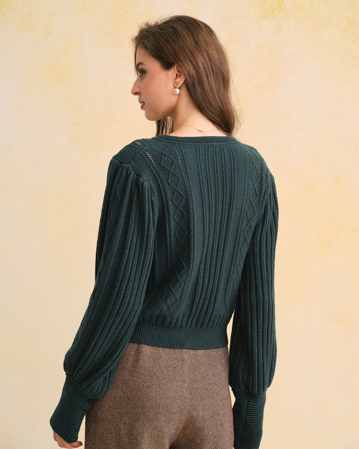Green Retro Lantern Sleeve Knit Cardigan - Image 3