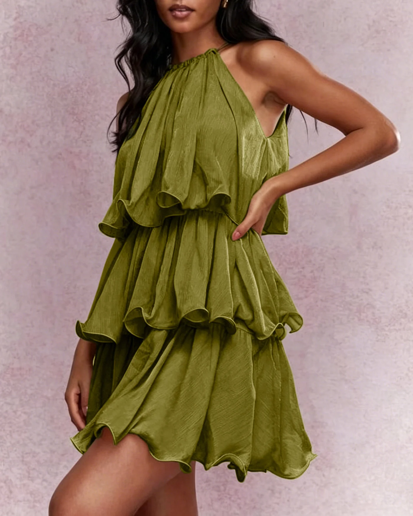Green Round Neck Flowy Mini Dress - Image 3