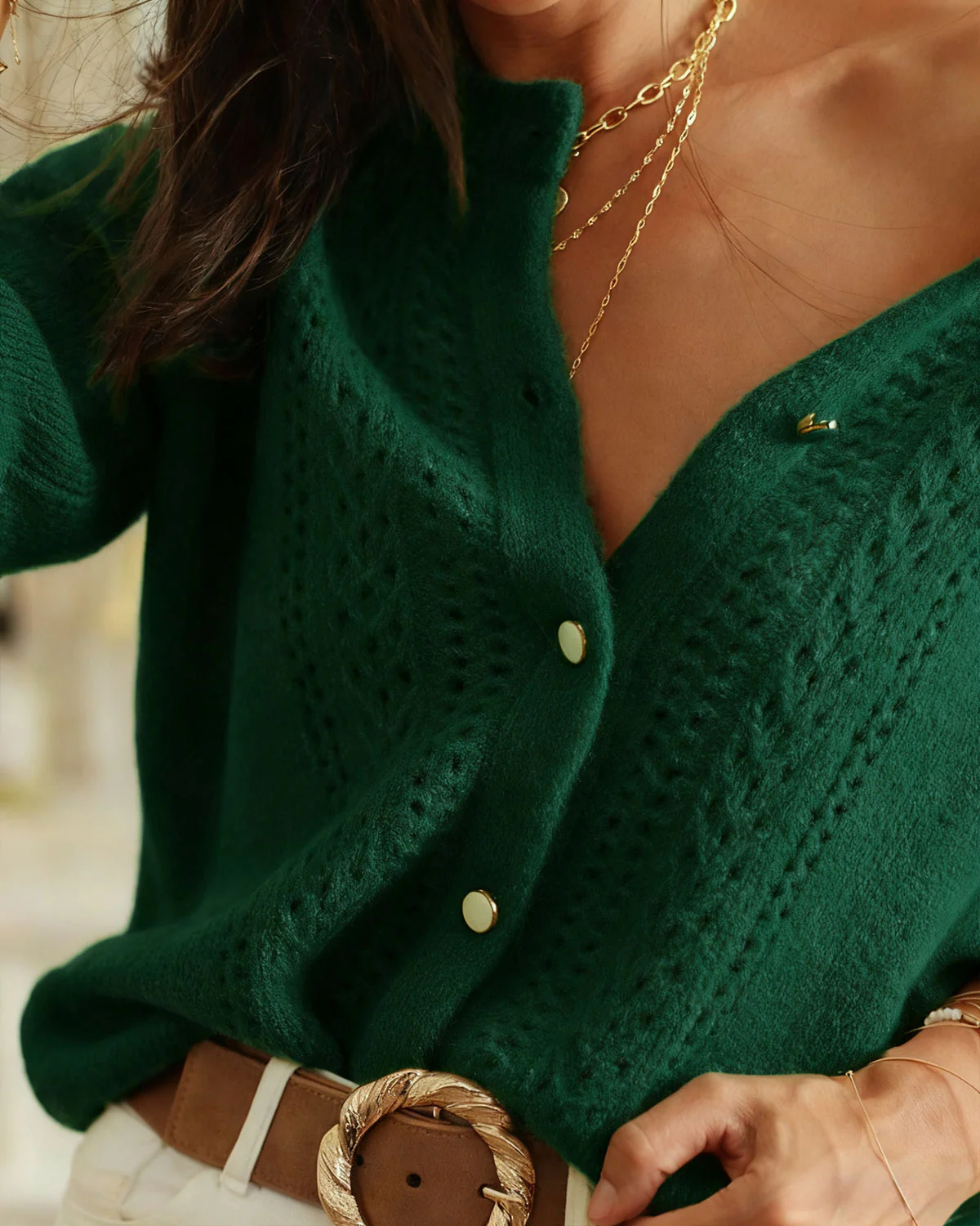 Green Round Neck Knit Cardigan - Image 2