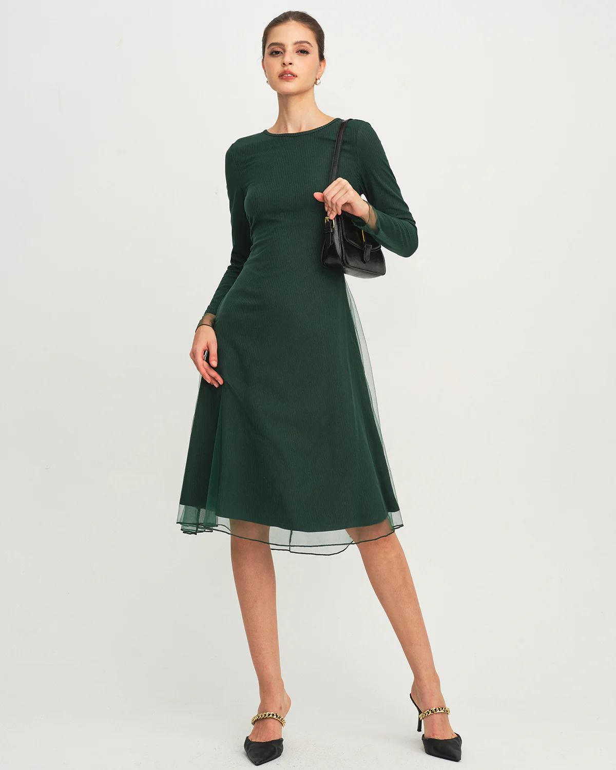 Green Round Neck Knit Mesh Midi Dress - Image 3