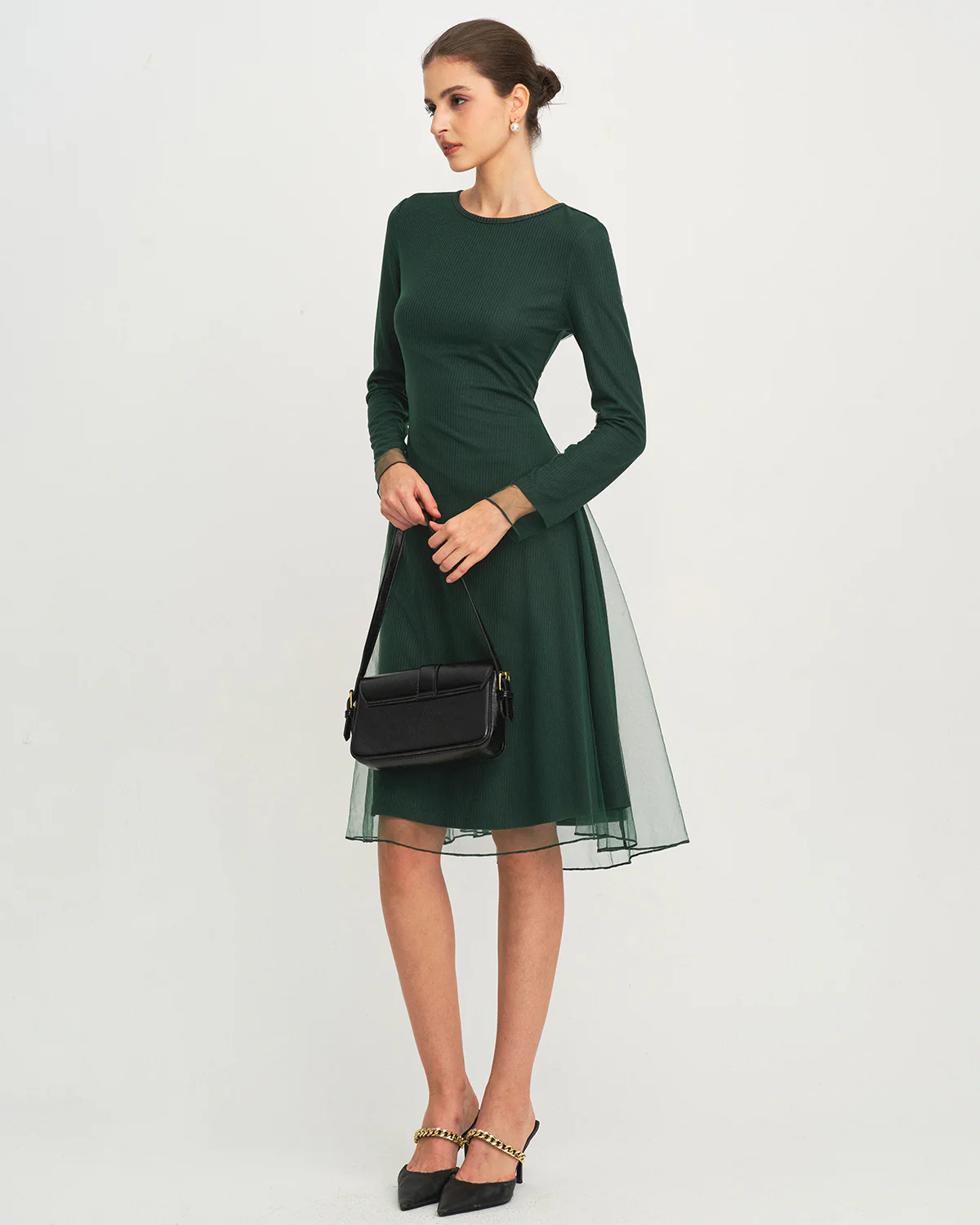 Green Round Neck Knit Mesh Midi Dress - Image 4