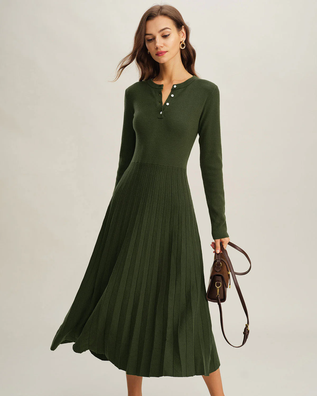 Green Round Neck Pleated Sweater Dress - Image 4