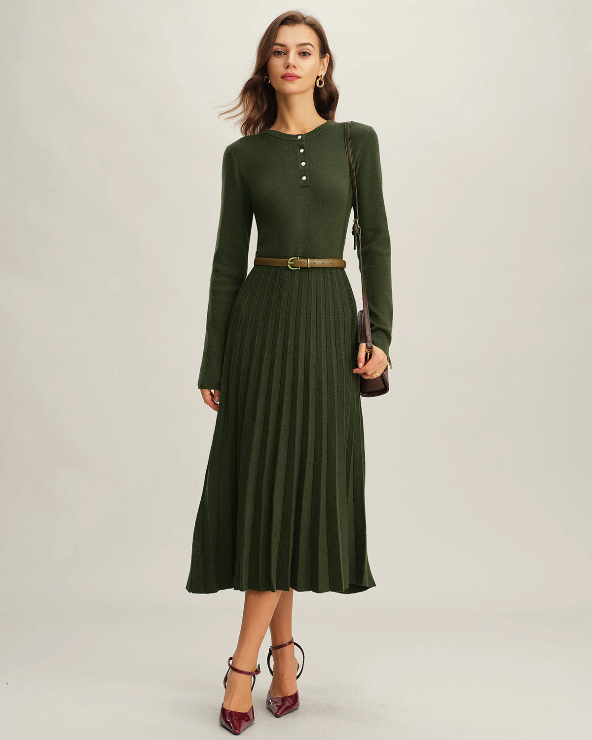 Green Round Neck Pleated Sweater Dress - Image 5
