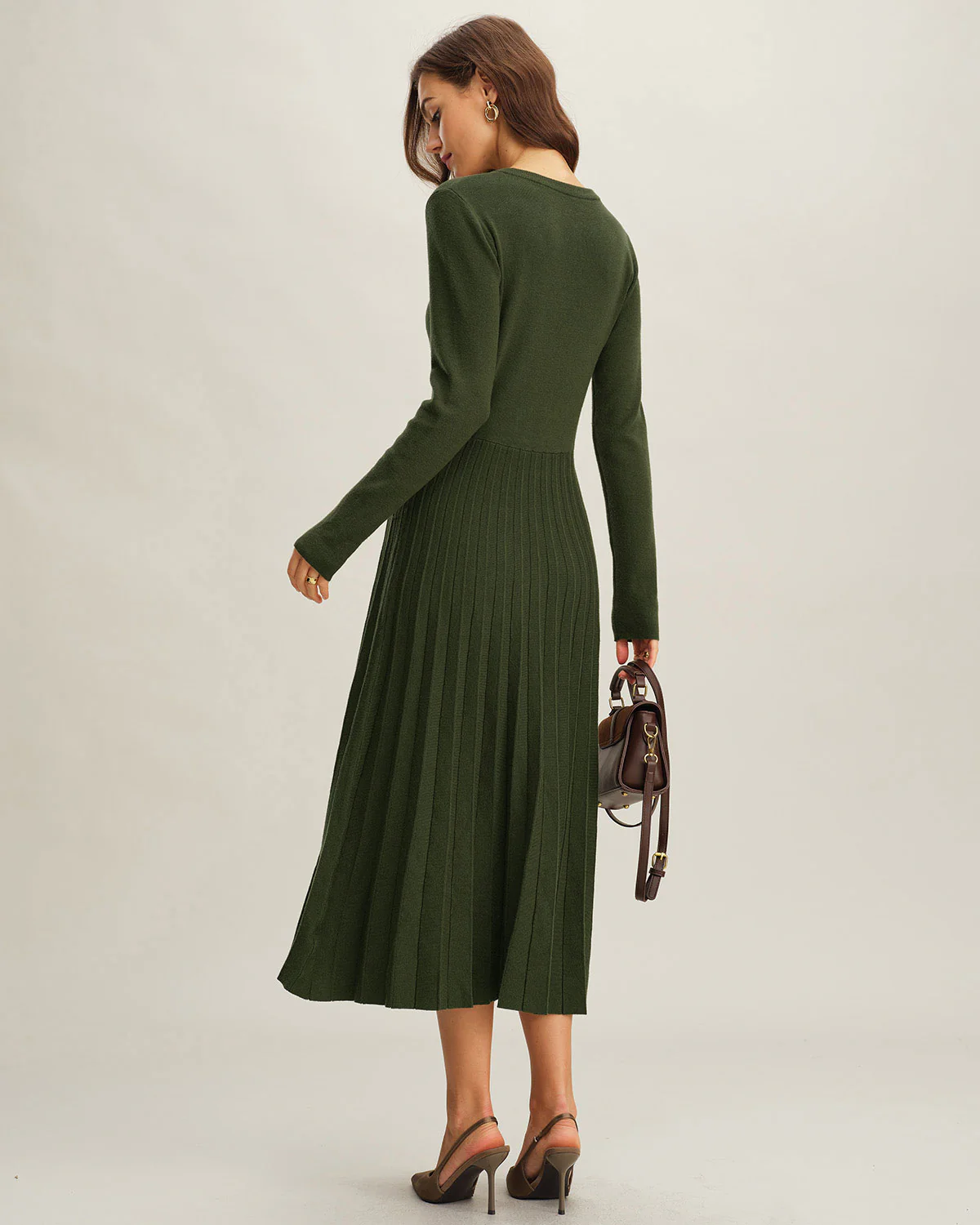 Green Round Neck Pleated Sweater Dress - Image 6