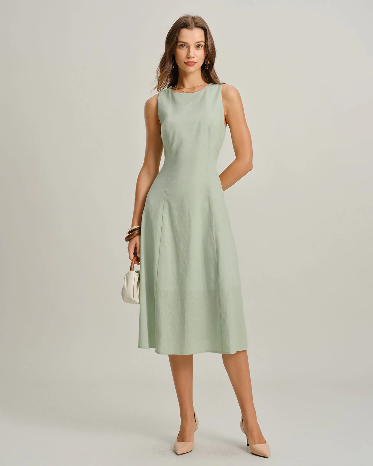 Green Round Neck Sleeveless Midi Dress - Image 4