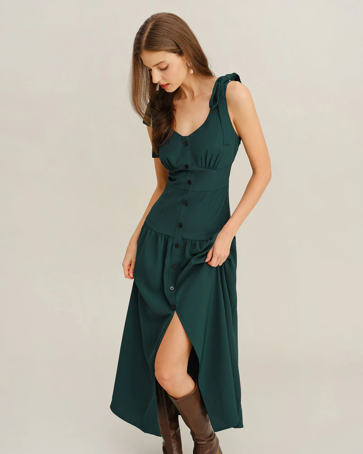 Green Ruched A-Line Sleeveless Maxi Dress - Image 3