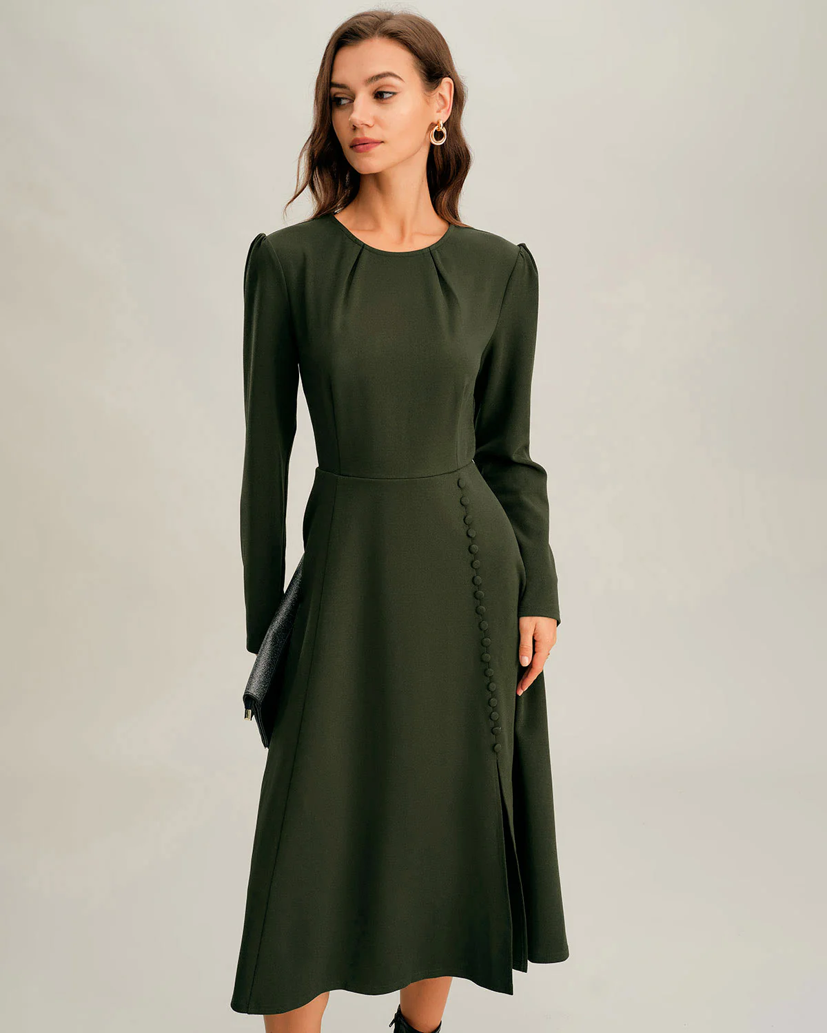 Green Ruched A-Line Slit Midi Dress - Image 3