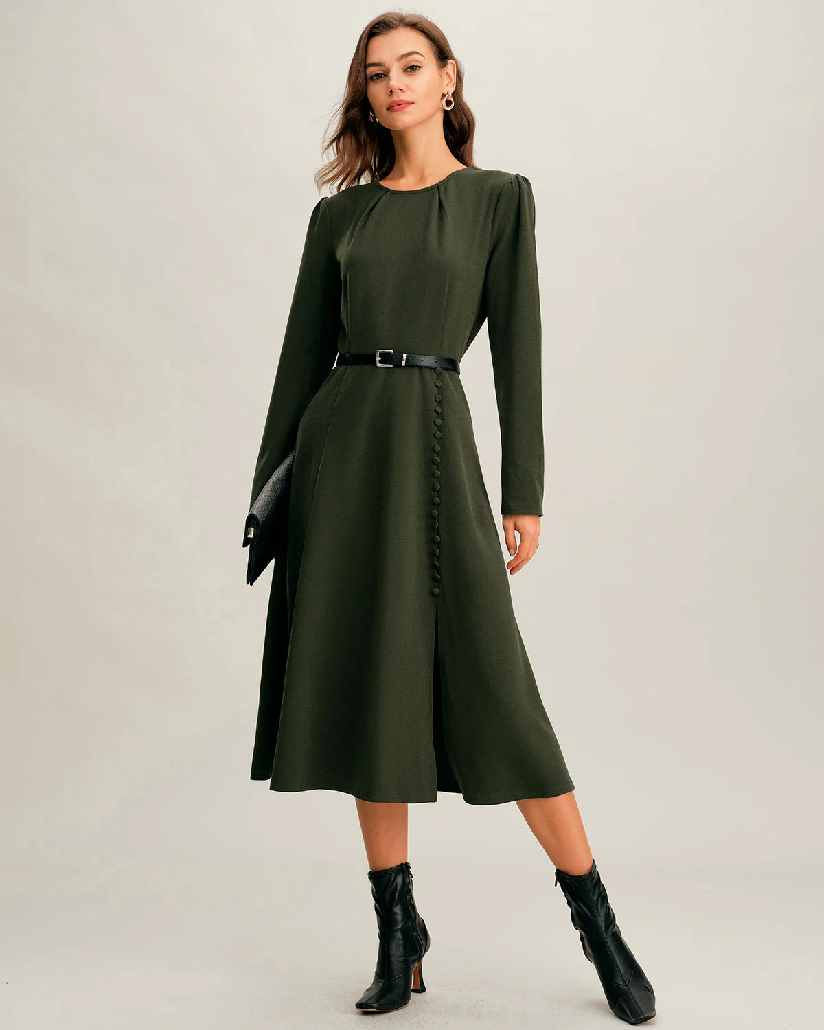 Green Ruched A-Line Slit Midi Dress - Image 4