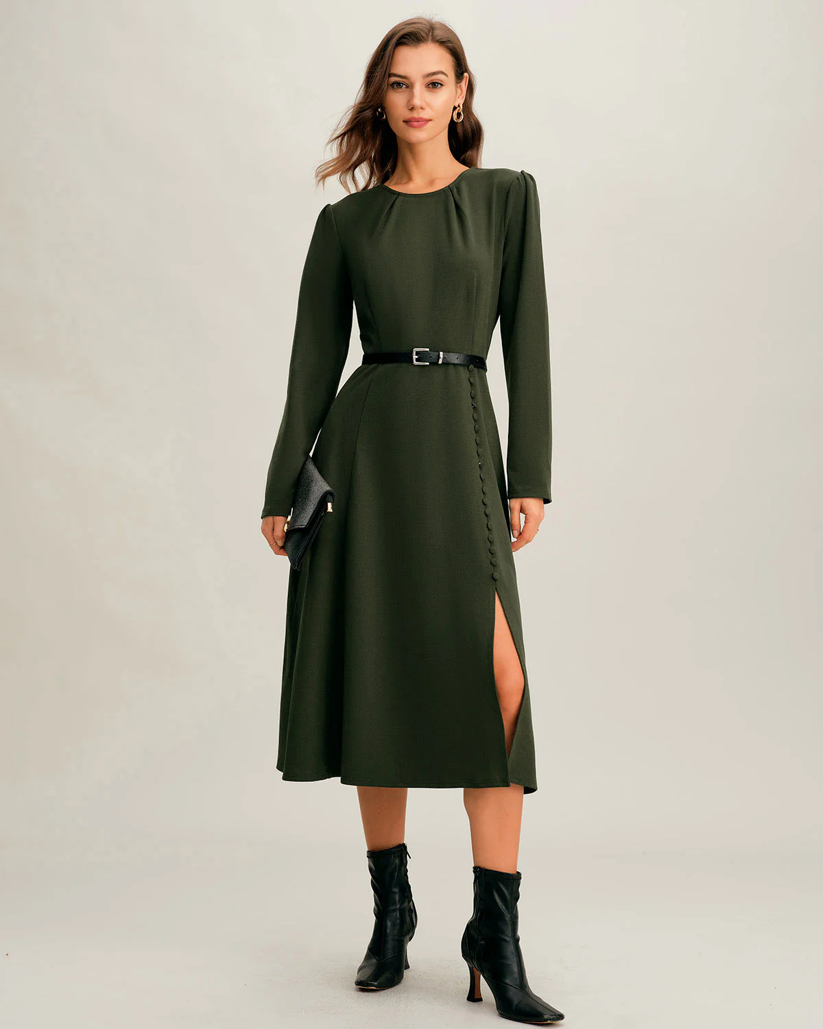 Green Ruched A-Line Slit Midi Dress - Image 5