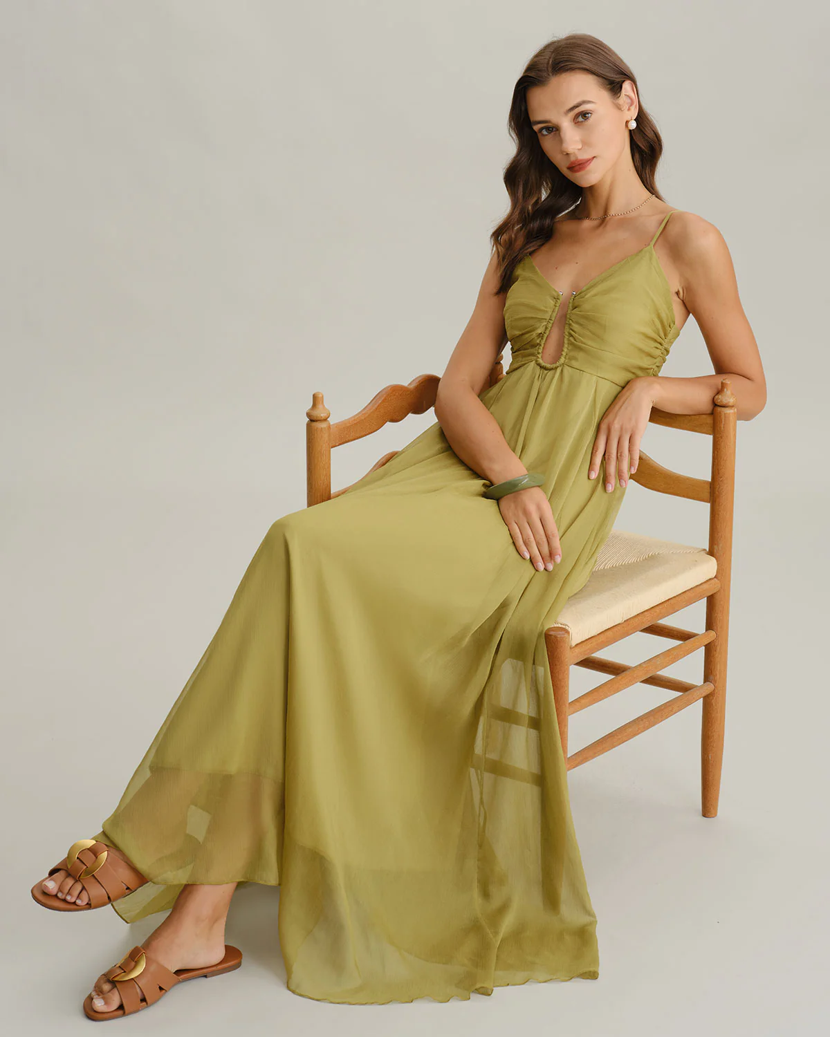 Green Ruched Slip Maxi Dress - Image 3