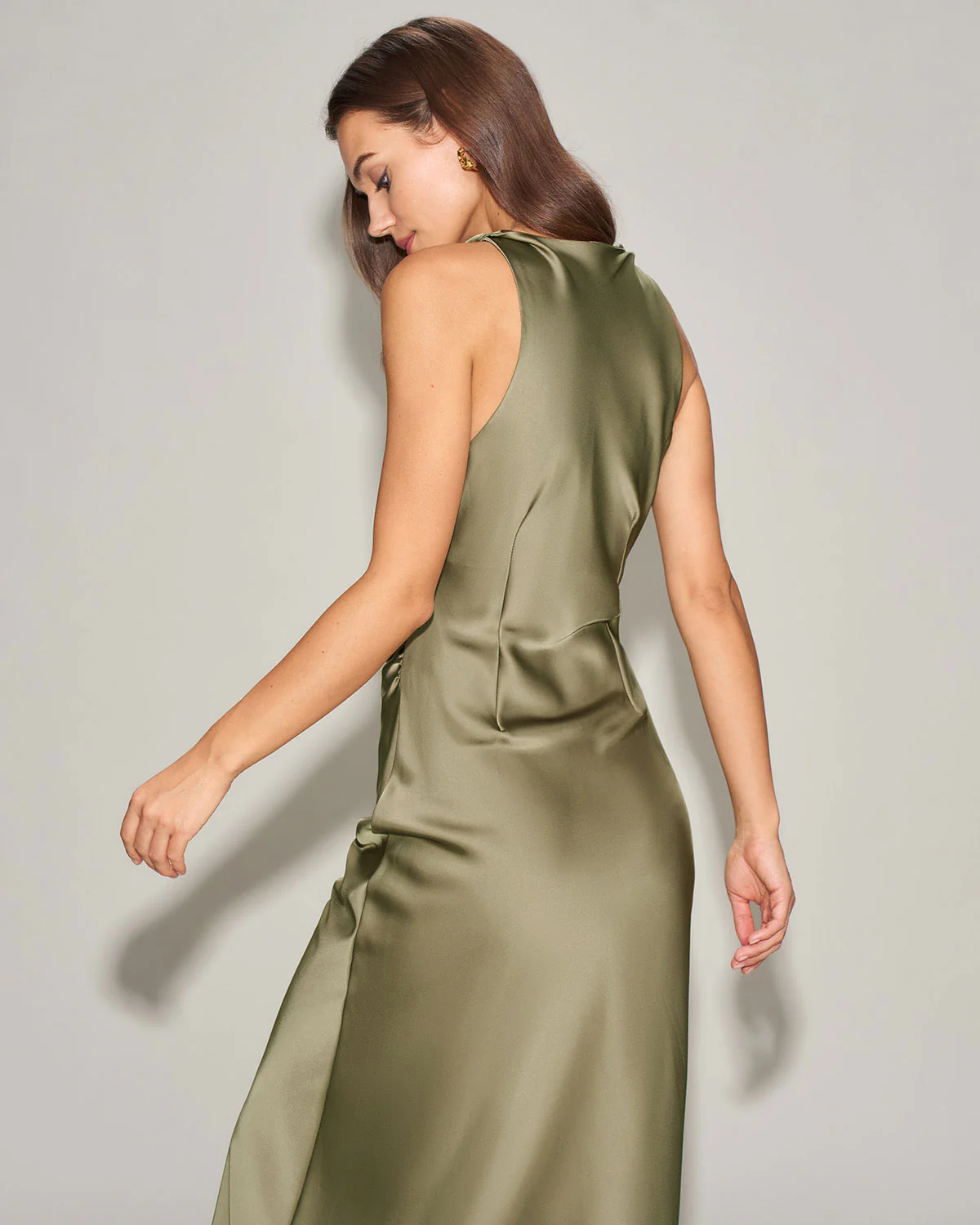 Green Satin Boat Neck Slip Midi Dress - Image 3