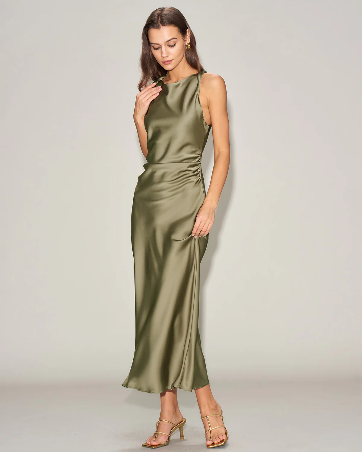 Green Satin Boat Neck Slip Midi Dress - Image 4