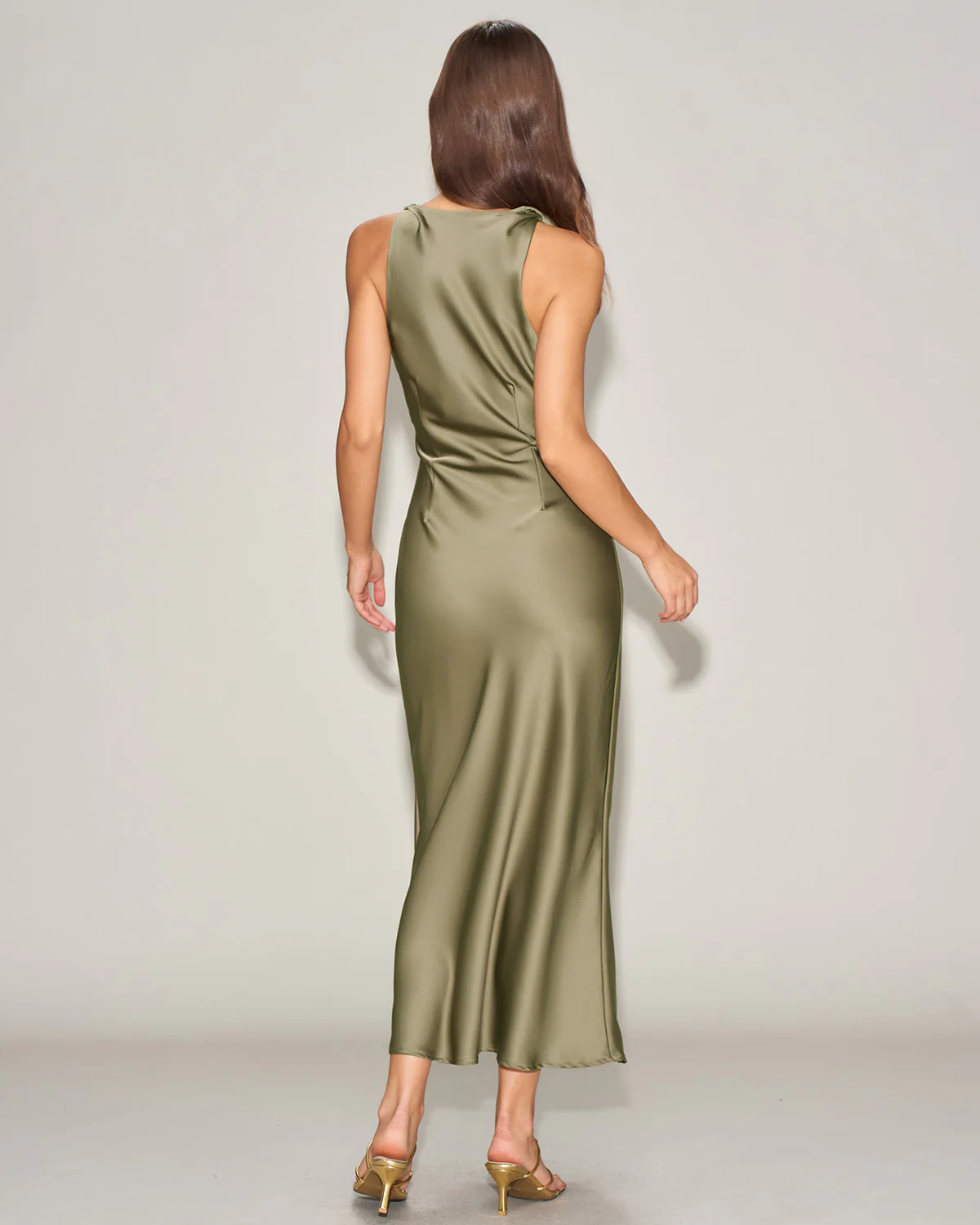 Green Satin Boat Neck Slip Midi Dress - Image 5
