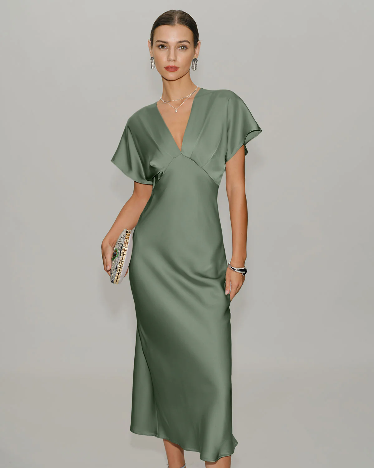 Green Satin V Neck A-Line Midi Dress - Image 3