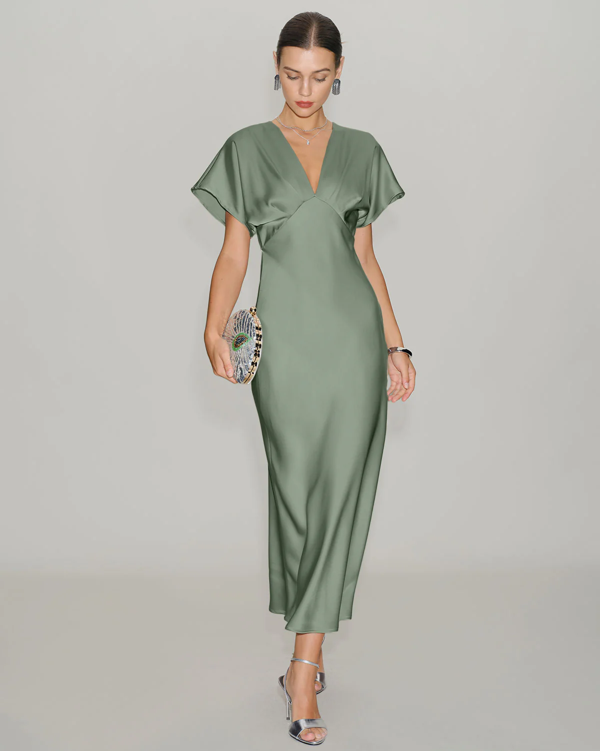 Green Satin V Neck A-Line Midi Dress - Image 4