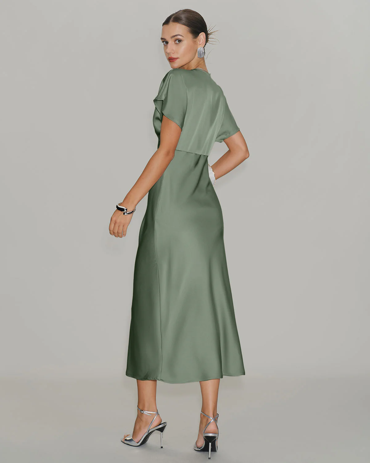 Green Satin V Neck A-Line Midi Dress - Image 5
