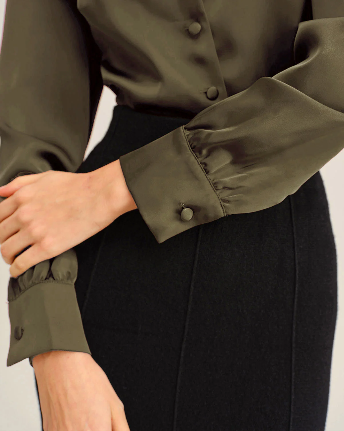 Green Satin V-Neck Office Shirt - Image 2