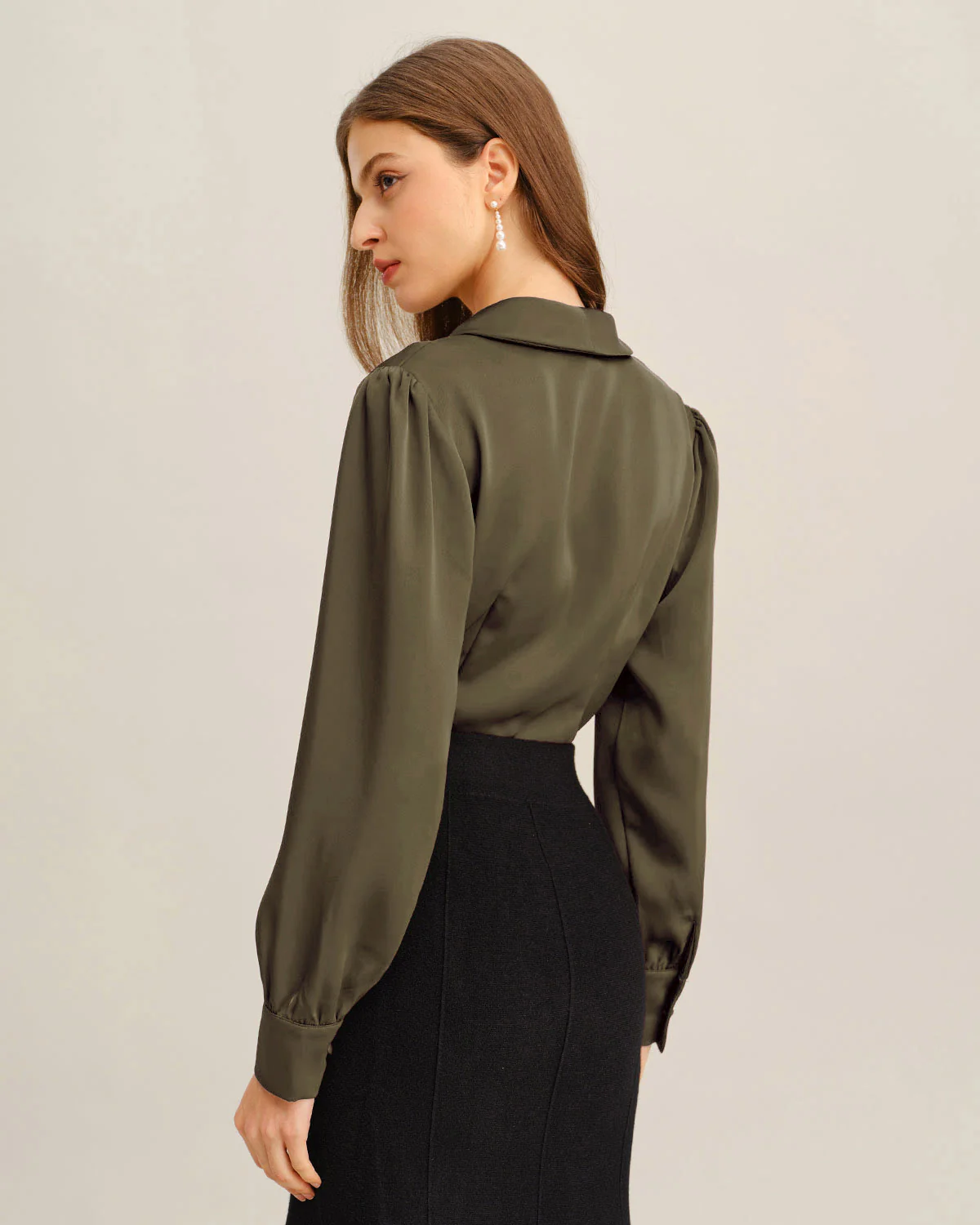 Green Satin V-Neck Office Shirt - Image 3