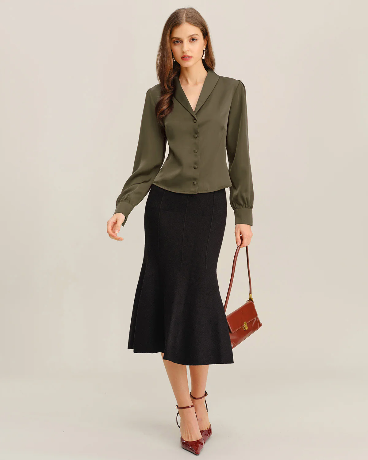 Green Satin V-Neck Office Shirt - Image 4