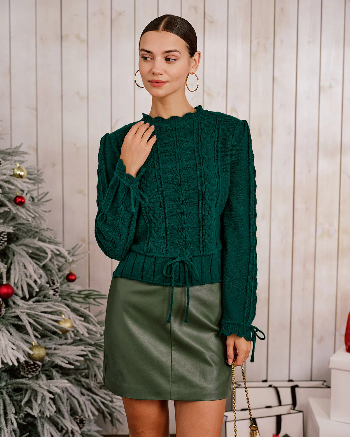 Green Scalloped Lantern Sleeve Sweater - Image 6
