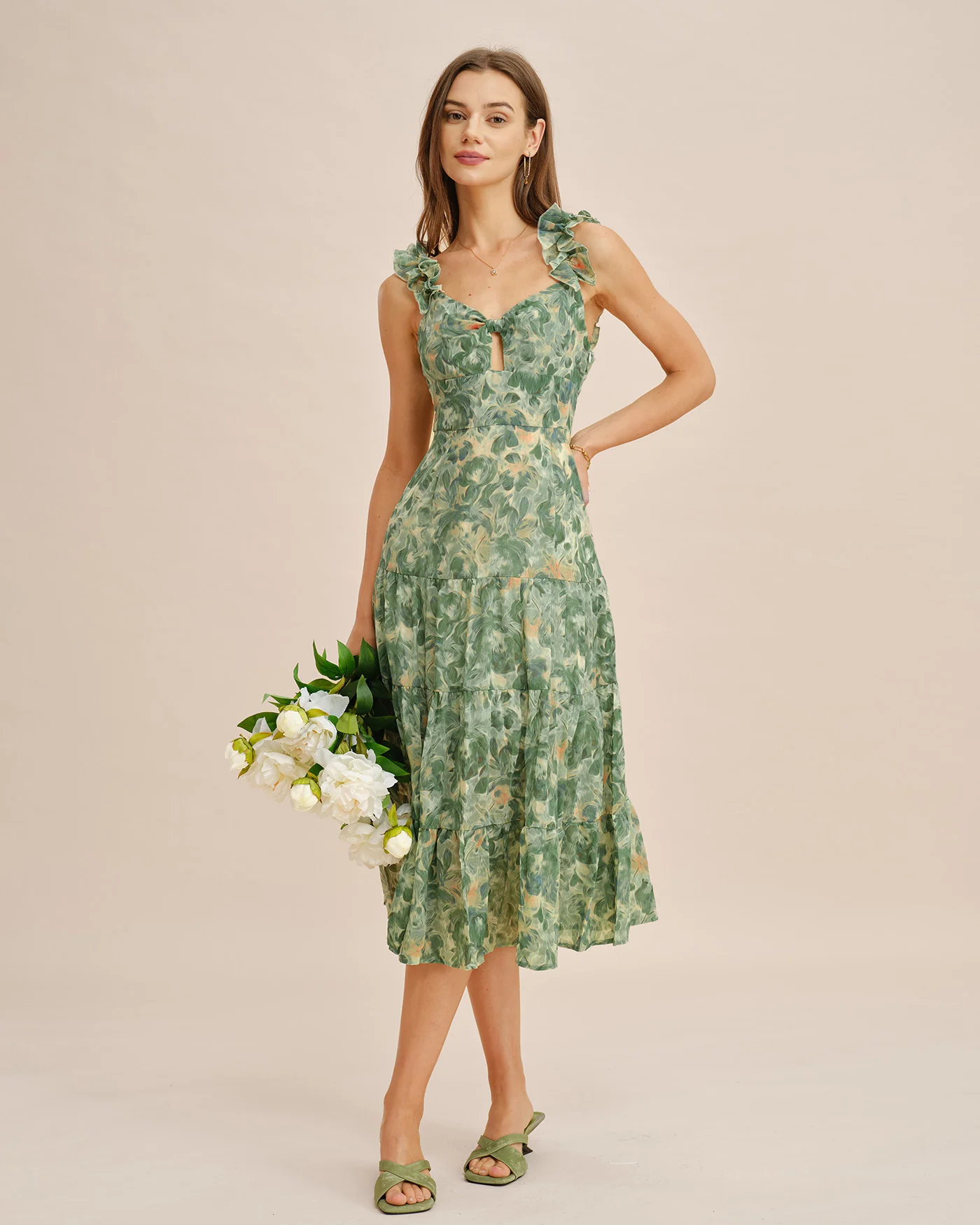 Green Shirred Sleeveless Midi Dress - Image 3
