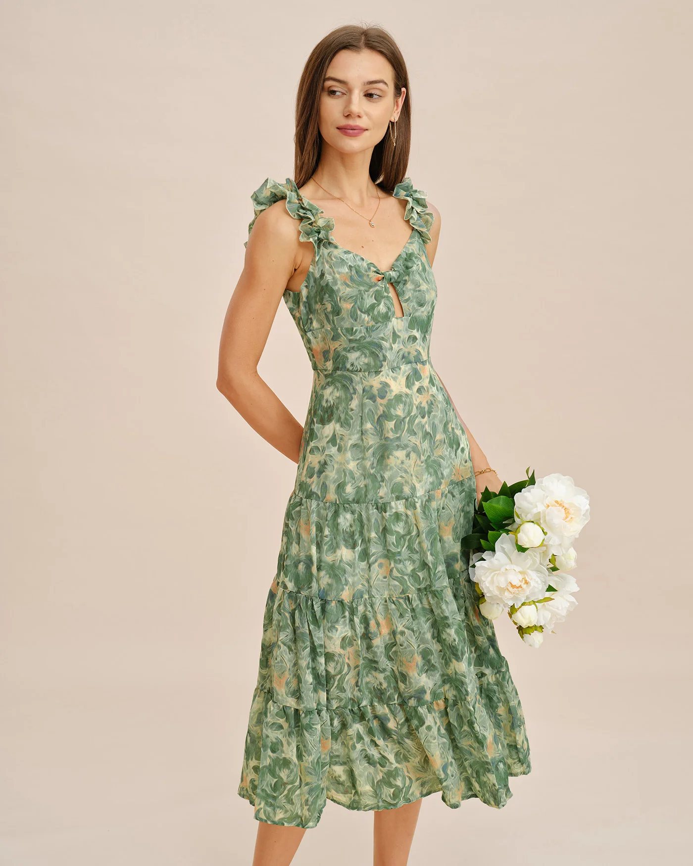 Green Shirred Sleeveless Midi Dress - Image 4
