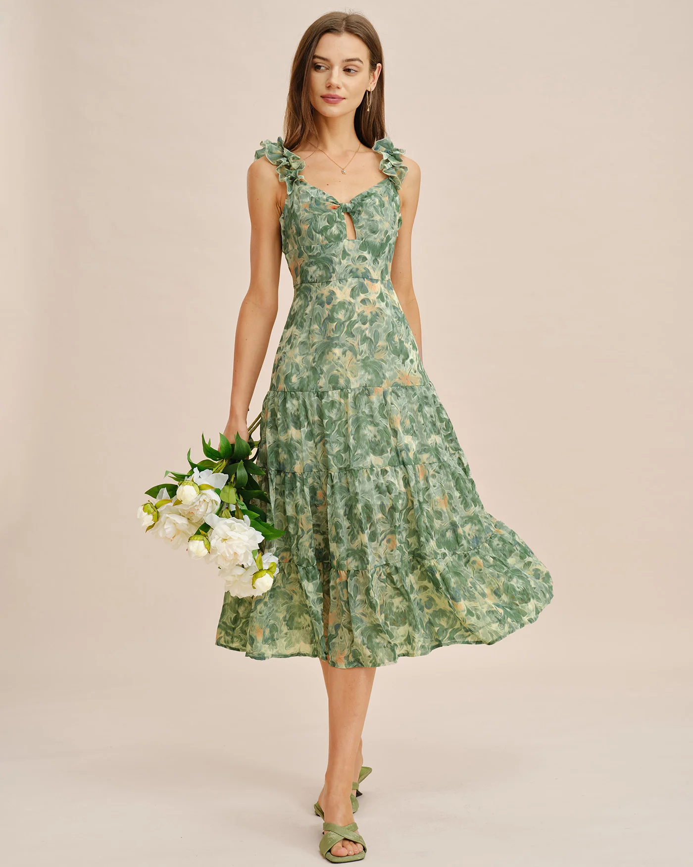 Green Shirred Sleeveless Midi Dress - Image 5