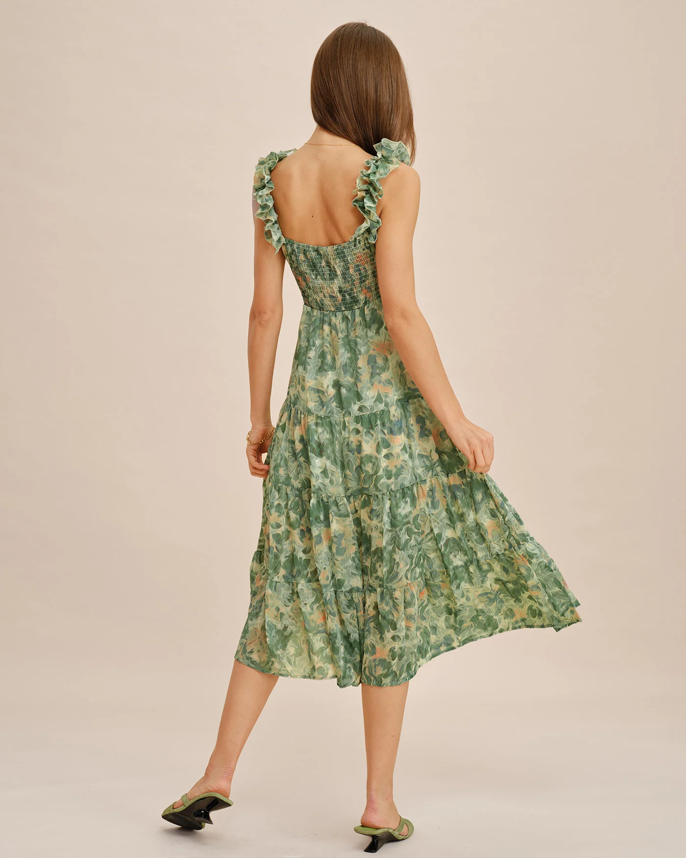 Green Shirred Sleeveless Midi Dress - Image 6