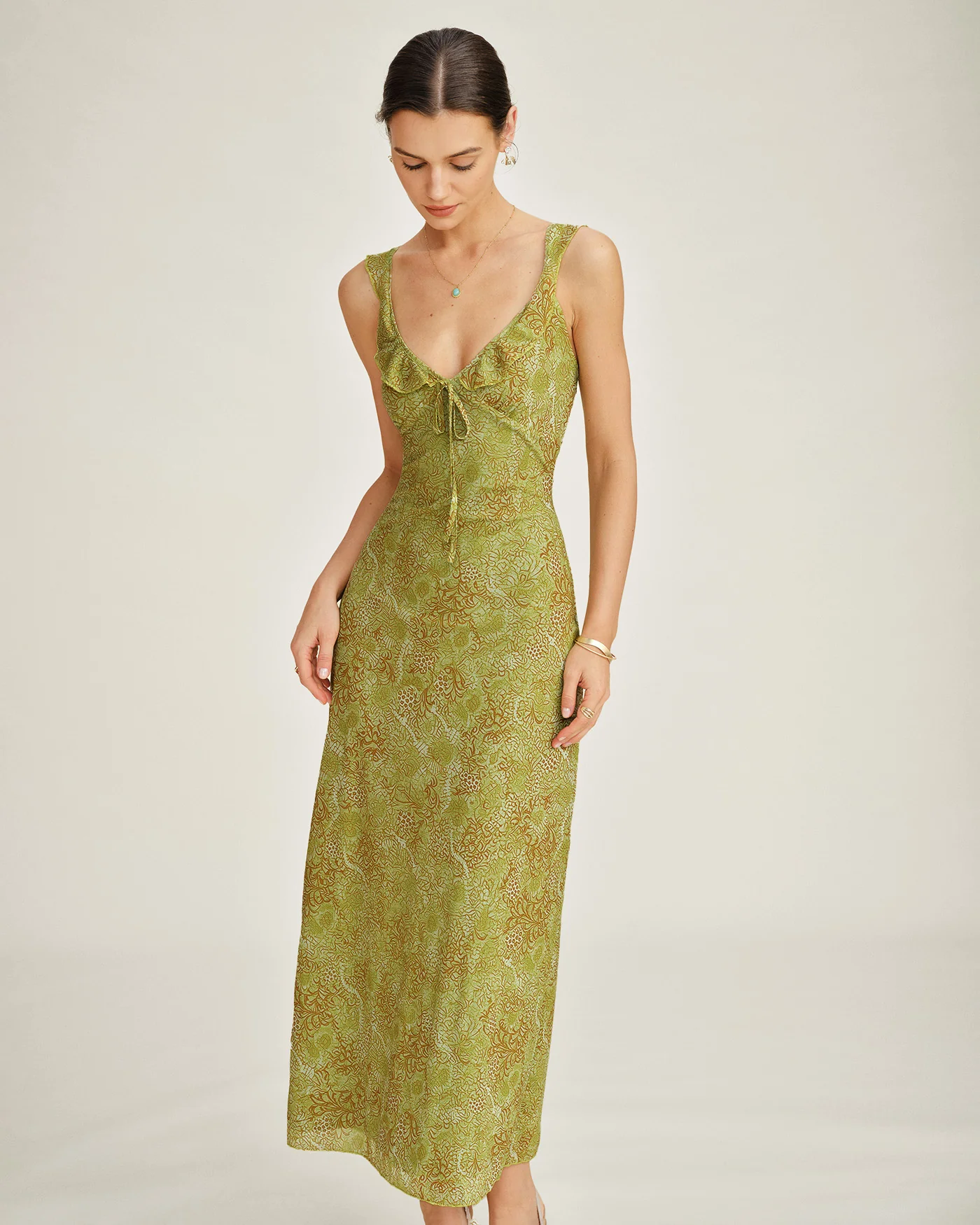 Green Sleeveless Floral Slip Maxi Dress - Image 3