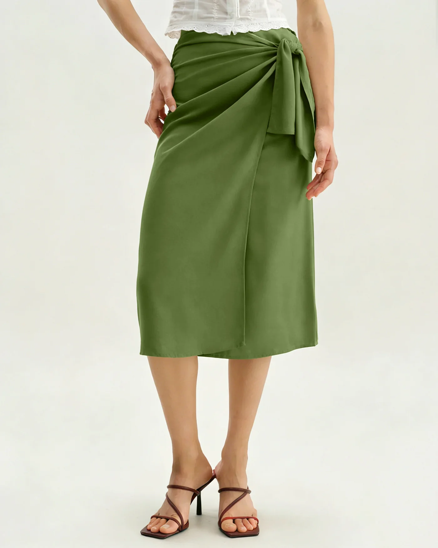 Green Solid Tie Midi Skirt - Image 2