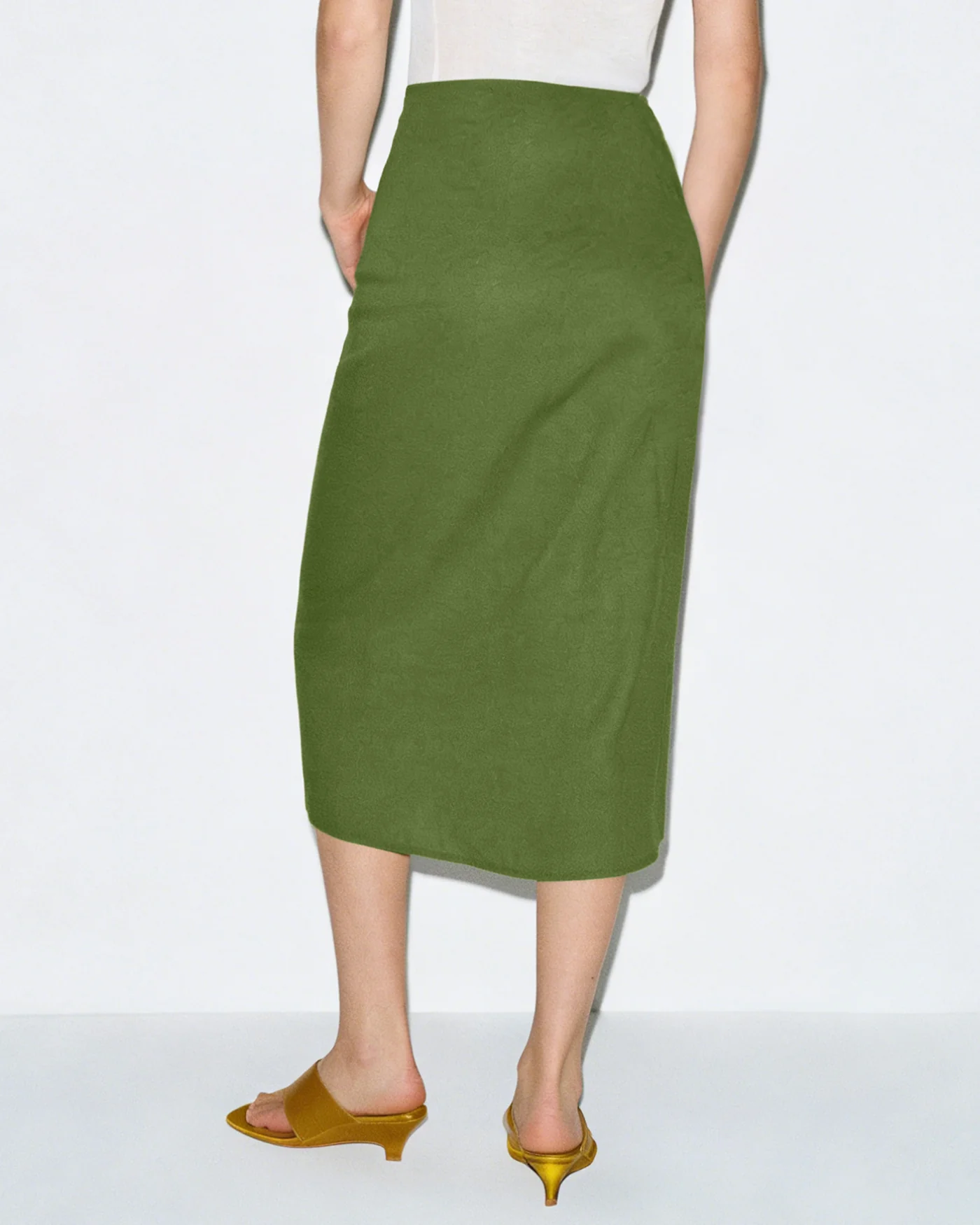 Green Solid Tie Midi Skirt - Image 3