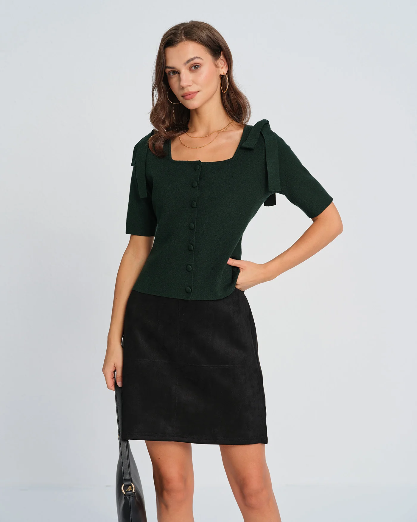 Green Square Neck Bowknot Knit Cardigan - Image 5