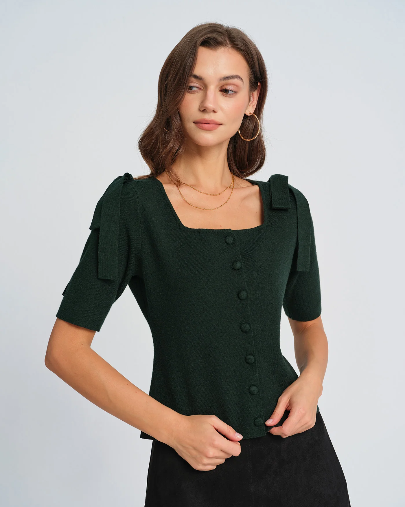 Green Square Neck Bowknot Knit Cardigan - Image 6