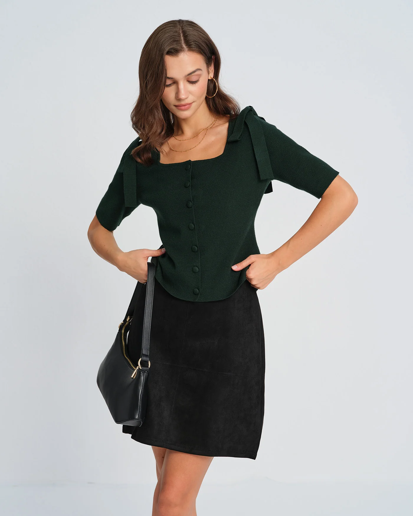 Green Square Neck Bowknot Knit Cardigan - Image 8