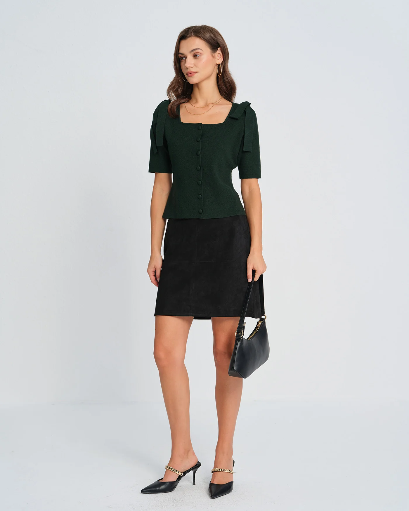 Green Square Neck Bowknot Knit Cardigan - Image 9