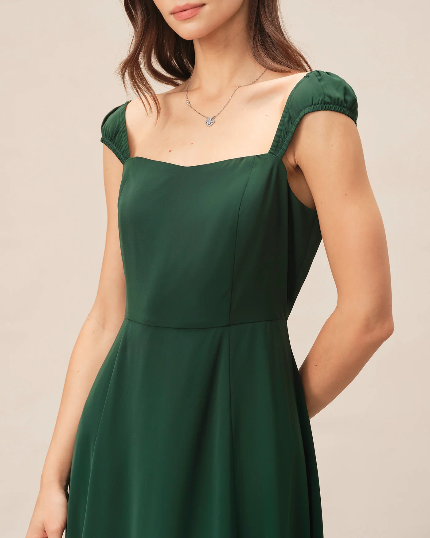 Green Square Neck Cap Sleeve Midi Dress - Image 2