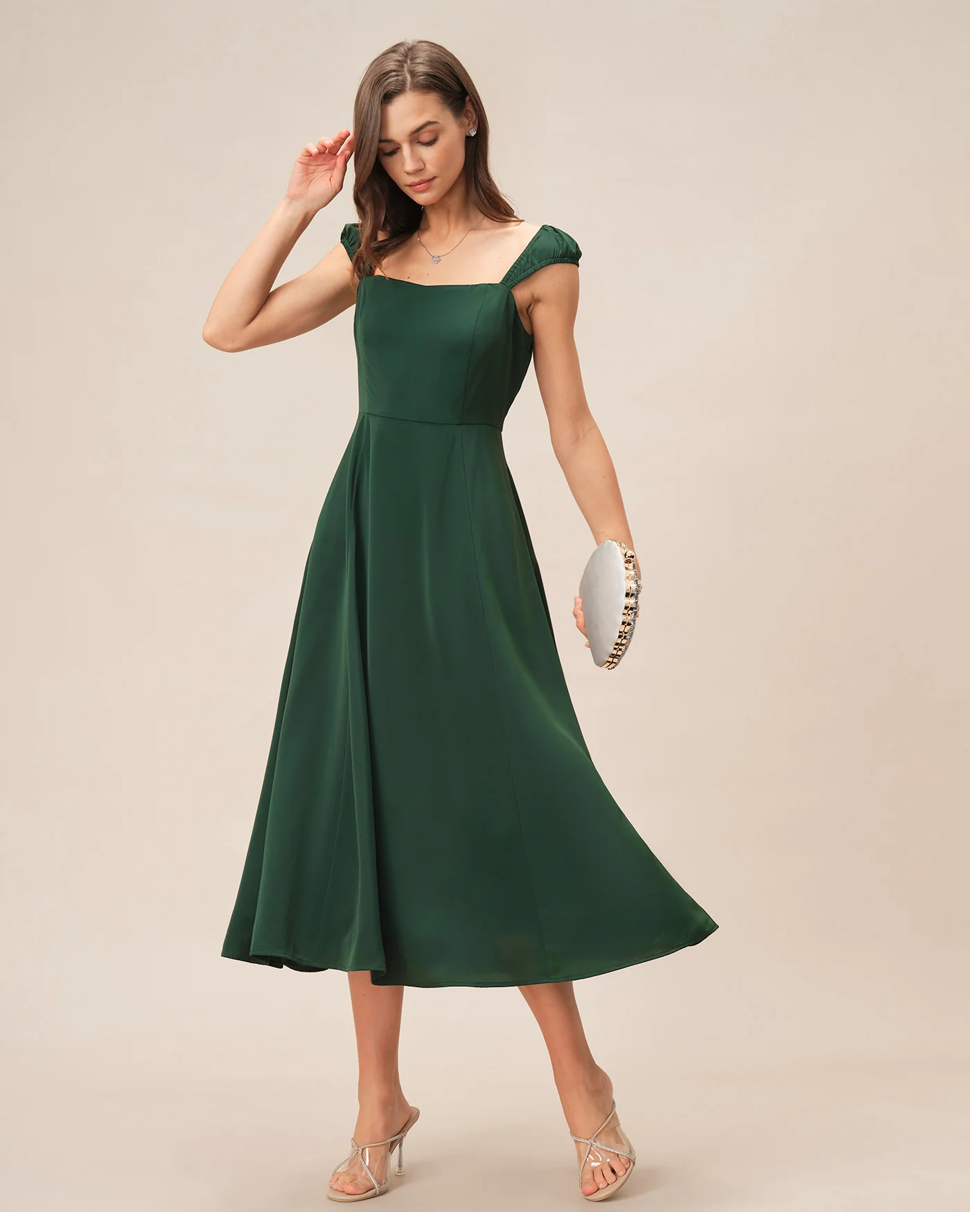 Green Square Neck Cap Sleeve Midi Dress - Image 3