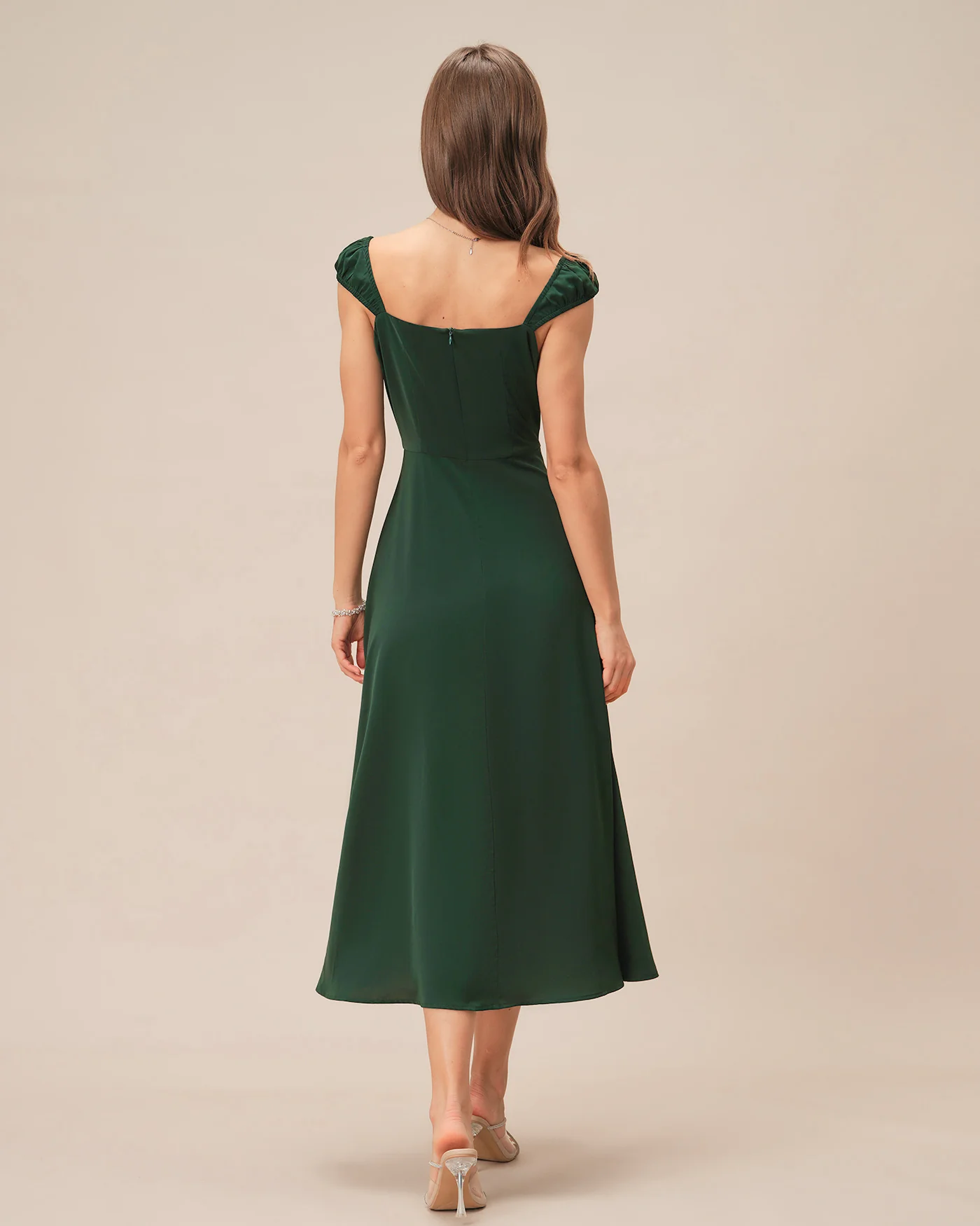 Green Square Neck Cap Sleeve Midi Dress - Image 4