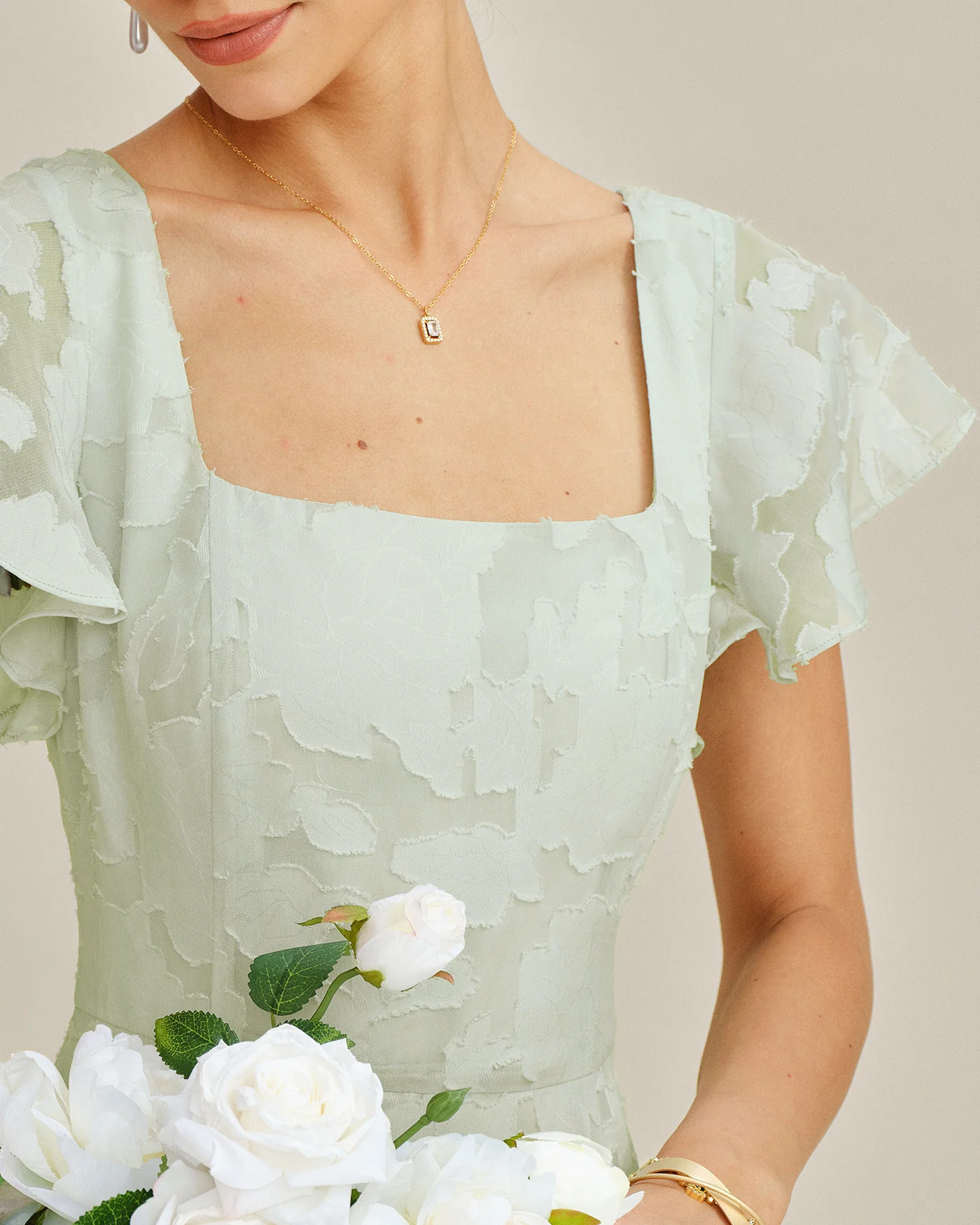 Green Square Neck Floral Textured Midi Dress - Image 2