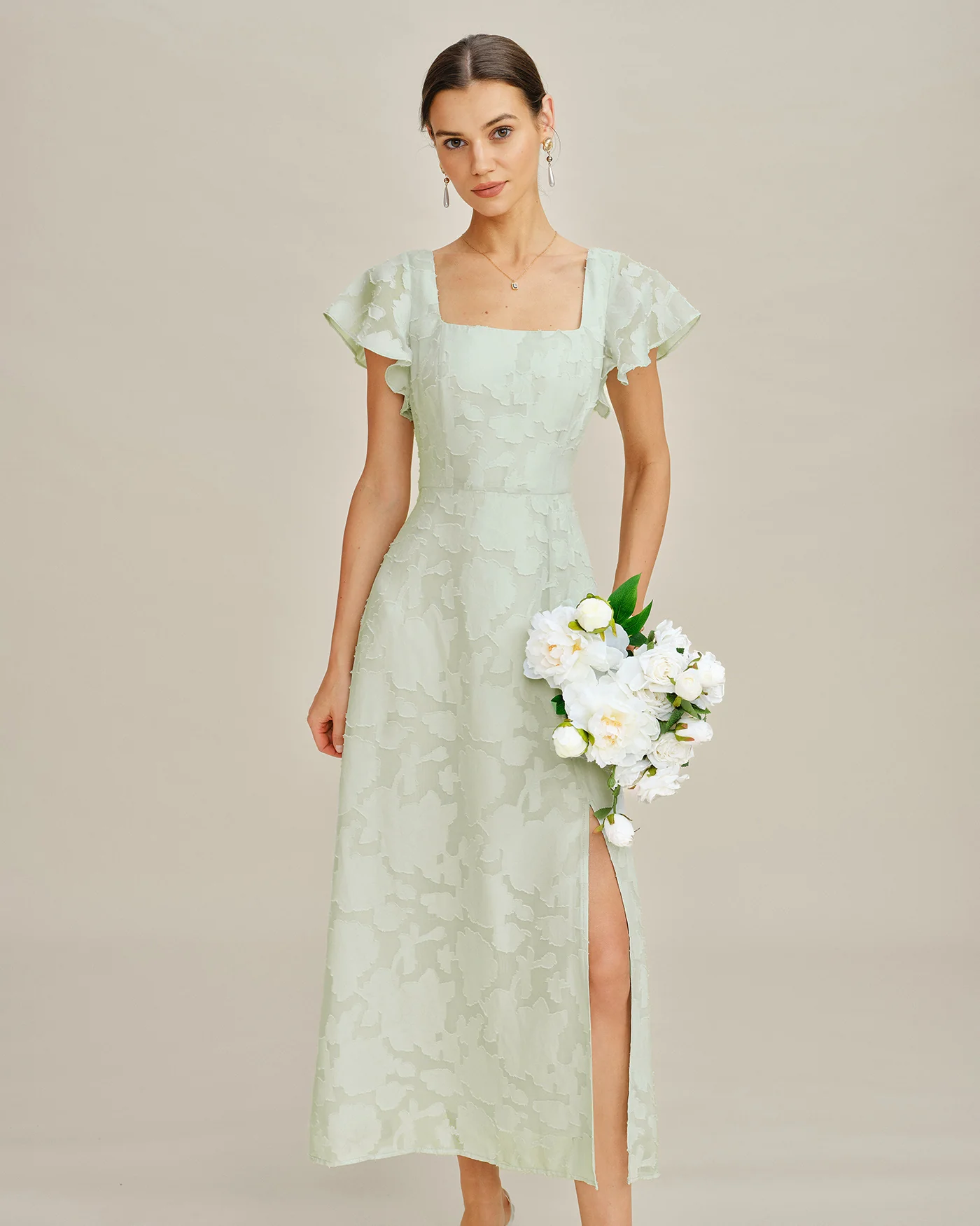 Green Square Neck Floral Textured Midi Dress - Image 3