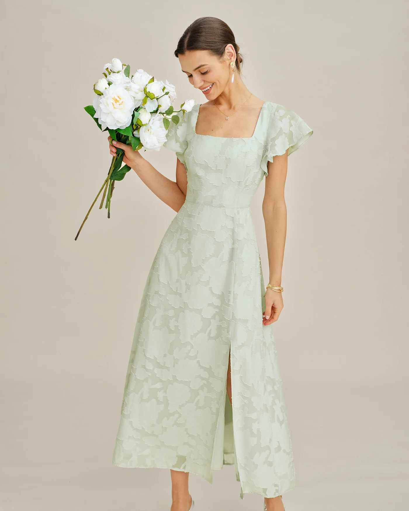 Green Square Neck Floral Textured Midi Dress - Image 4